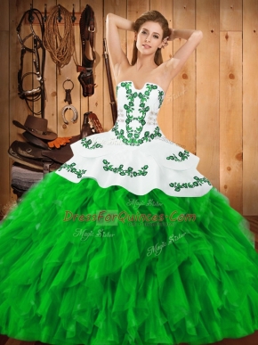 Green Satin and Organza Lace Up Strapless Sleeveless Floor Length 15th Birthday Dress Embroidery and Ruffles