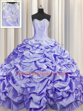 Brush Train Sleeveless Beading and Pick Ups Lace Up 15th Birthday Dress with Lavender Sweep Train