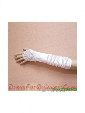 Satin Fingerless Elbow Length  Bridal Gloves With Beading And Ruching