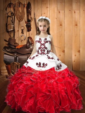 Floor Length Red Kids Pageant Dress Organza Sleeveless Embroidery and Ruffles