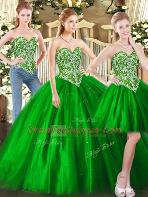 Latest Tulle Sweetheart Sleeveless Lace Up Beading Quinceanera Dresses in Green