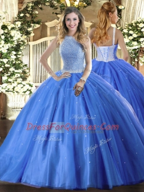 Smart Tulle High-neck Sleeveless Lace Up Beading Sweet 16 Dress in Baby Blue