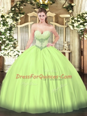 Floor Length Lace Up Quinceanera Gowns Yellow Green for Military Ball and Sweet 16 and Quinceanera with Beading