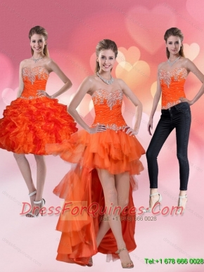 2015 Detachable High Low Sweetheart Orange Red Prom Dresses with Ruffles and Beading