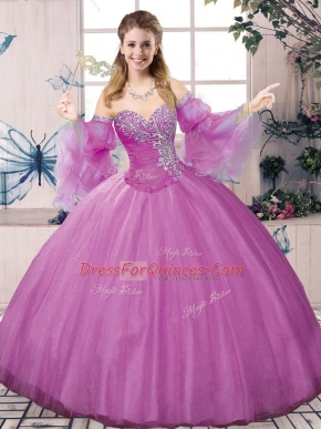 Eye-catching Lilac Tulle Lace Up Halter Top Sleeveless Floor Length Quinceanera Dresses Beading