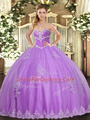 Spectacular Tulle Sweetheart Sleeveless Lace Up Beading and Appliques Quinceanera Gowns in Lavender