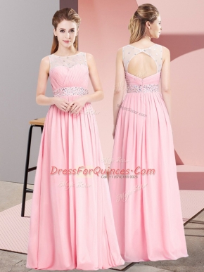 Beauteous Pink Scoop Neckline Beading Evening Dress Sleeveless Lace Up
