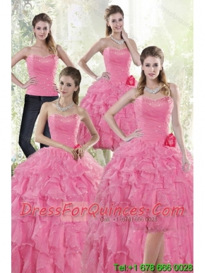 2015 Pretty Baby Pink Cheap Quince Dresses with Beading and Ruffles