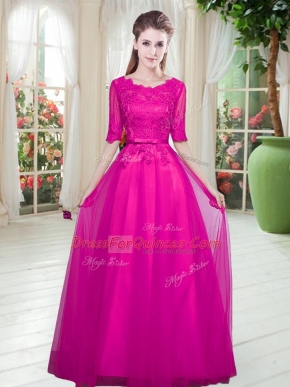 Fuchsia Tulle Lace Up Scoop Half Sleeves Floor Length Prom Gown Lace