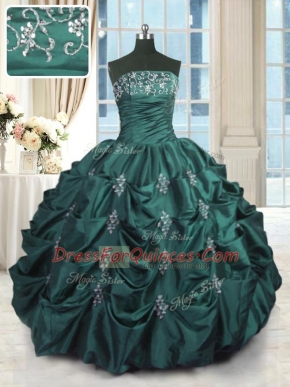 Sleeveless Floor Length Beading and Appliques and Embroidery and Pick Ups Lace Up Sweet 16 Dress with Peacock Green