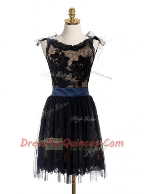 Black Lace Backless Scoop Sleeveless Mini Length Prom Evening Gown Lace and Belt