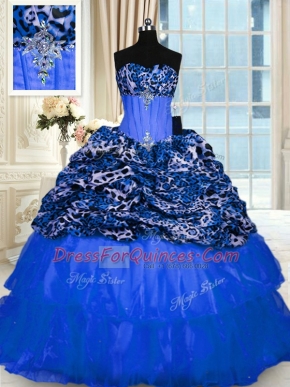 Sequins Blue Sleeveless Organza and Printed Lace Up Sweet 16 Dress for Military Ball and Sweet 16 and Quinceanera