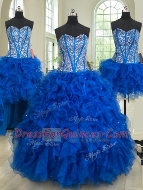 Four Piece Floor Length Royal Blue Quinceanera Gowns Sweetheart Sleeveless Lace Up