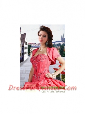 Fashionable Taffeta Appliques and Beading  Watermelon Red Jacket For a Quinceanera