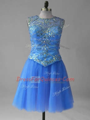 Sleeveless Tulle Mini Length Lace Up Party Dresses in Blue with Beading and Sequins