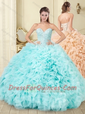 Beaded Beaded and Ruffled Aque Blue 15th Birthday Dresses in Tulle
