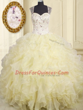 Smart Light Yellow Ball Gowns Organza Straps Sleeveless Beading and Ruffles Floor Length Lace Up Vestidos de Quinceanera