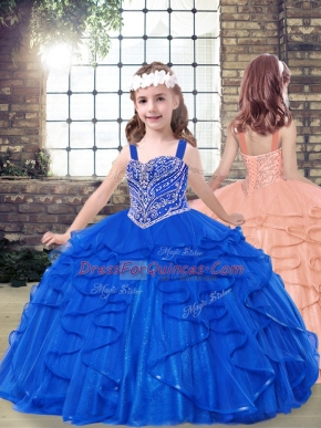 Royal Blue Tulle Lace Up Straps Sleeveless Floor Length Pageant Dress for Girls Beading and Ruffles