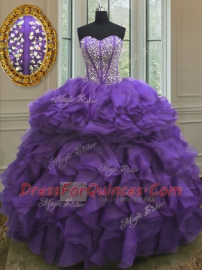 Eggplant Purple Lace Up Sweetheart Beading and Ruffles Quinceanera Gown Organza Sleeveless