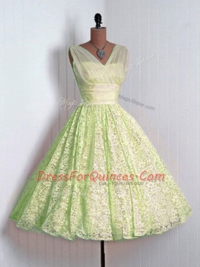 Custom Design Yellow Green Sleeveless Mini Length Lace Lace Up Dama Dress
