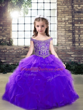 Purple Lace Up Off The Shoulder Beading and Ruffles Pageant Dress for Girls Tulle Sleeveless
