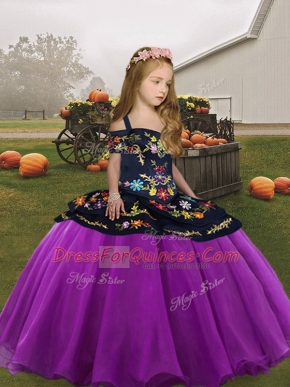 Purple Sleeveless Floor Length Embroidery Lace Up Child Pageant Dress