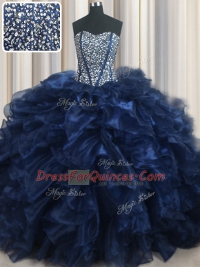 Unique Visible Boning Bling-bling Navy Blue Lace Up 15th Birthday Dress Beading and Ruffles Sleeveless With Brush Train