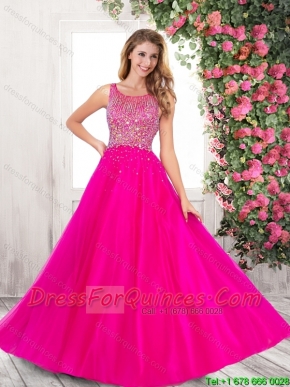 2016 Best Selling Spring A Line Scoop Tulle Prom Dresses in Hot Pink