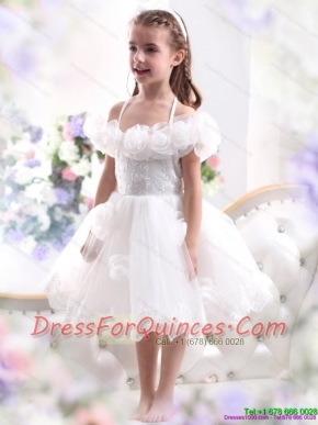 Adorable White Halter Top Little Girl Pageant Dress with Hand Made Flower
