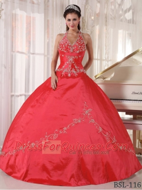 Red Ball Gown Halter With Taffeta Appliques Classical Quinceanera Dresses