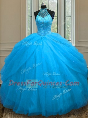 Baby Blue Sleeveless Beading Floor Length Quince Ball Gowns