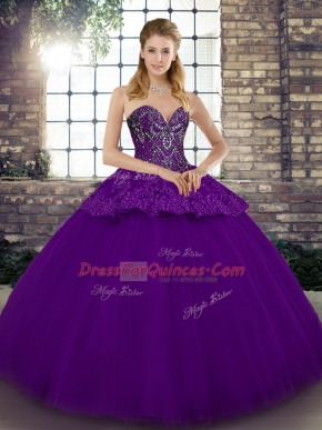 Trendy Sleeveless Floor Length Beading and Appliques Lace Up Sweet 16 Dress with Purple