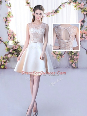 Satin Scoop Sleeveless Lace Up Lace and Belt Vestidos de Damas in Champagne