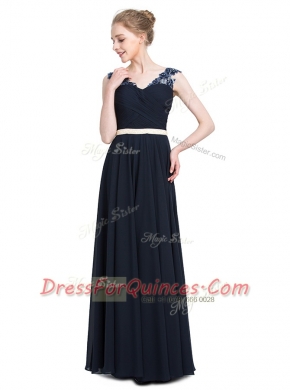 Navy Blue Prom Dresses Prom and Party and For with Beading V-neck Sleeveless Zipper
