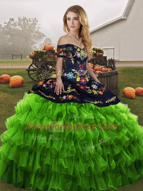 Green Ball Gowns Organza Off The Shoulder Sleeveless Embroidery and Ruffled Layers Floor Length Lace Up Sweet 16 Quinceanera Dress