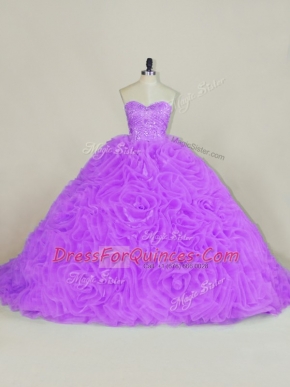 Dynamic Lavender Fabric With Rolling Flowers Lace Up Ball Gown Prom Dress Sleeveless Court Train Beading