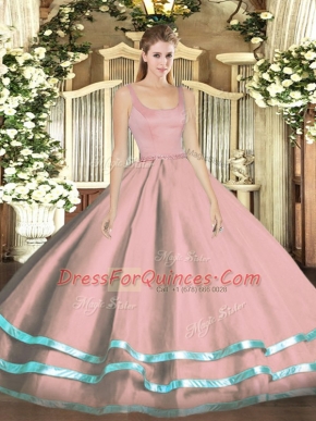 Pink Ball Gowns Tulle Straps Sleeveless Ruffled Layers Floor Length Zipper Quince Ball Gowns