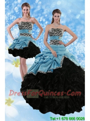 Best Zebra Print Multi Color Strapless Quince Dresses with Ruffles and Pick Ups