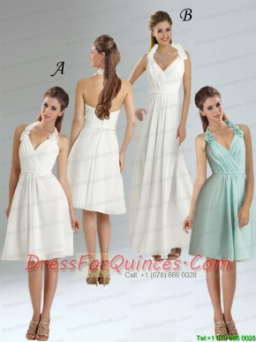 2015 Halter Empire Chiffon Ruching and Hand Made Flowers Prom Dress