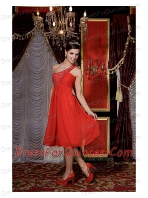 Prom / Homecoming Dress Red Empire One Shoulder Tea-length Chiffon Beading
