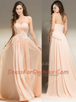 Charming With Train Empire Sleeveless Peach Prom Party Dress Brush Train Clasp Handle