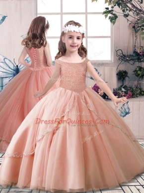 Enchanting Peach Off The Shoulder Lace Up Beading Pageant Gowns For Girls Sleeveless