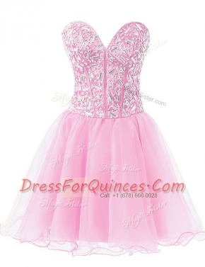 Excellent Rose Pink Lace Up Prom Gown Beading Sleeveless Knee Length