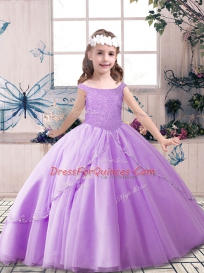 Enchanting Tulle Off The Shoulder Sleeveless Lace Up Beading Little Girl Pageant Dress in Lavender