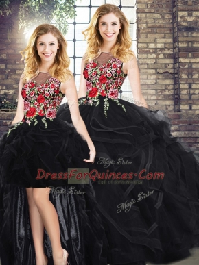 Black Zipper Scoop Embroidery and Ruffles Sweet 16 Dress Sleeveless