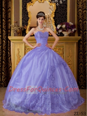 Pretty Lilac Ball Gown Sweetheart Floor-length Appliques Organza For Sweet 16 Dresses
