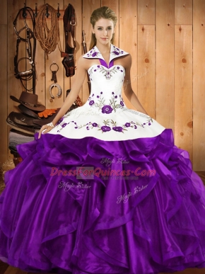 Purple Organza Lace Up Quinceanera Gown Sleeveless Floor Length Embroidery and Ruffles