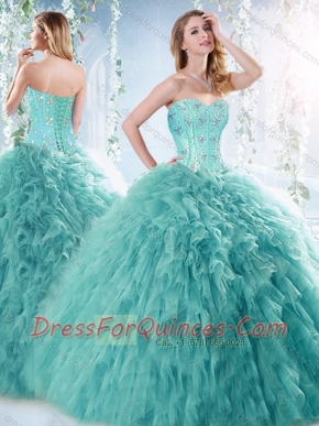 Romantic Beaded and Ruffled Aquamarine Detachable Quinceanera  dresses with Brush Train