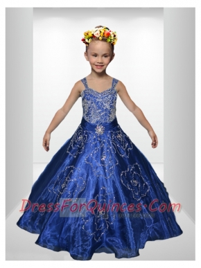 Beautiful Royal Blue Beading Little Gril Pageant Dress with Straps