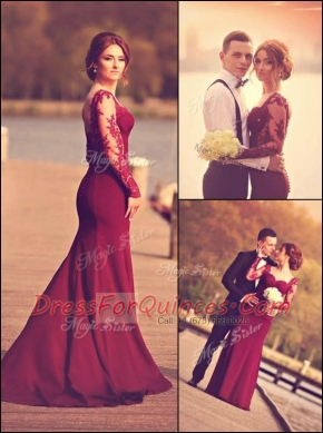 Long Sleeves Elastic Woven Satin With Train Court Train Zipper Prom Gown in Burgundy with Lace and Appliques